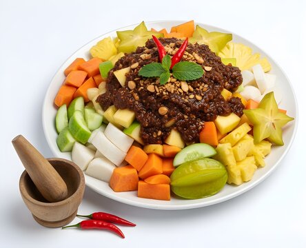 Indonesian rujak fruit salad with spicy palm sugar peanut sauce, colorful tropical fruits and vegetables isolated on white background
