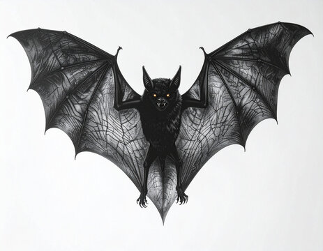 A sinister bat character spreads its wings, revealing sharp fangs and glowing eyes on a white background.