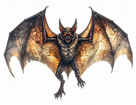 Sinister bat demon with wide wings and sharp fangs appears menacing on white background