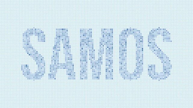 Samos dotted map animation. Digital style shape of the island. Samos shape and title blue dots appear with flickering effect. Greece. Creative Intro, outro, title, logo video.