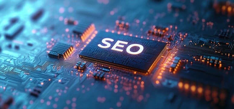 glowing microchip labeled seo on a futuristic blue and orange circuit board conveying innovation and high-tech connectivity