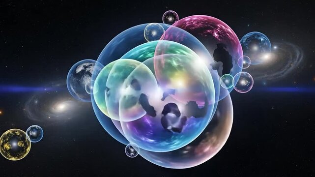 Parallel dimensions concept showing multiple bubble universes floating in cosmic space