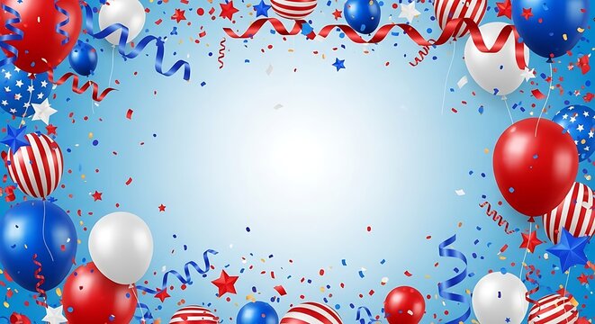 A festive border of red white and blue balloons and ribbons for american holiday celebrations