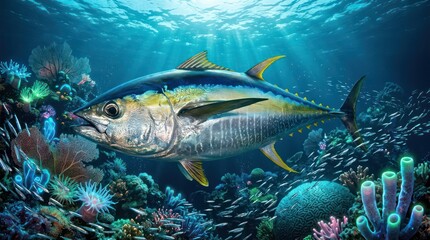 Fototapeta premium Majestic Yellowfin Tuna swimming through a vibrant tropical coral reef with sunlight rays for seafood and ocean conservation campaigns