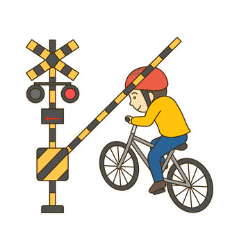 遮断機が下りた踏切に侵入する自転車 交通違反イラスト