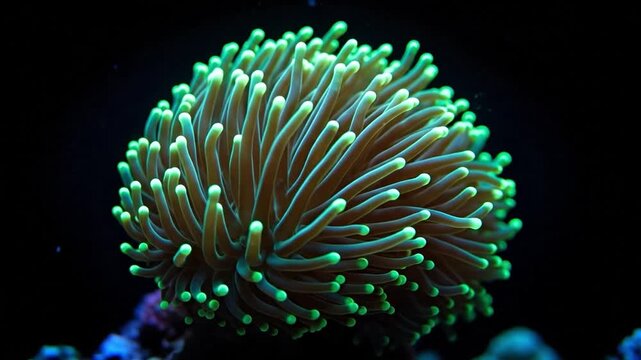Bioluminescent Green Torch Coral in a Saltwater Reef Aquarium, Marine Life Macro Photography