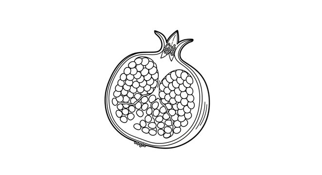 Detailed black and white line art illustration of a halved pomegranate fruit, showing seeds and arils. Healthy organic food drawing.