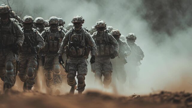 Group of soldiers walking through dusty terrain in military gear.