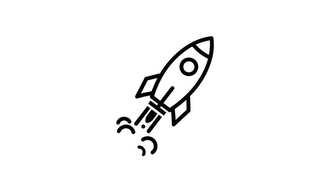 Simple line art rocket icon launching with smoke. Minimalist black and white symbol for startup, business growth, innovation, and space exploration.