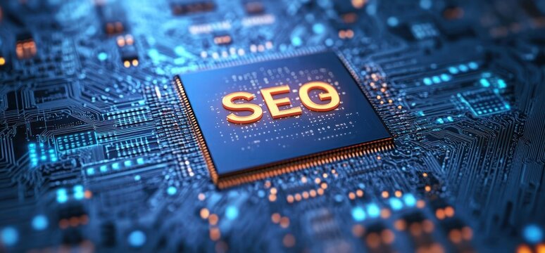 Close-up of a glowing blue circuit board with a central semiconductor chip labeled SEO, illuminated traces and orange highlights conveying a futuristic high-tech energetic mood
