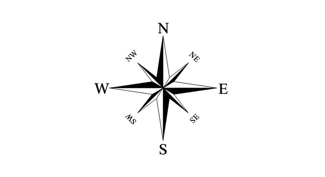 Detailed black and white compass rose graphic illustrating cardinal and intercardinal directions for navigation, travel, and exploration.