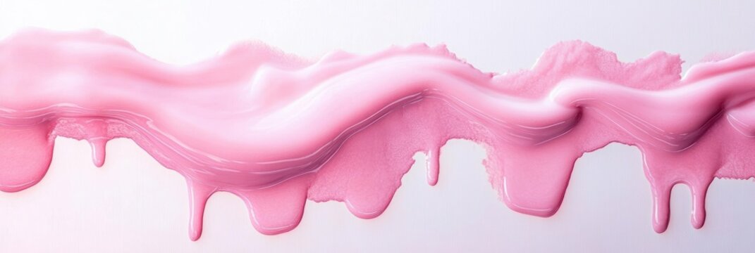 glossy pink liquid smear with wavy drips on white background conveying soft playful texture