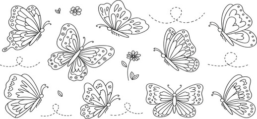 Fototapeta premium Butterfly Line Art Pattern with Decorative Insects and Flowers, Seamless Nature Background, Cute Coloring Style Design, and Elegant Vector Illustration for Creative Projects