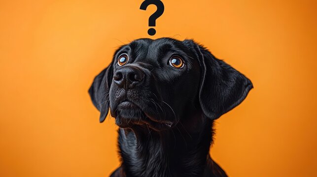 Curious black labrador with wide amber eyes looking up at a question mark on a bright orange background, puzzled and thoughtful expression