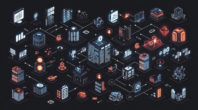 glowing isometric network of servers, buildings, data nodes, charts and cloud icons linked by neon lines conveying a futuristic, dynamic sense of digital connectivity