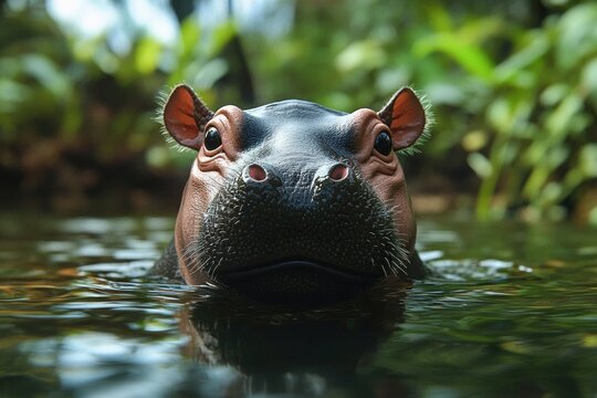 young hippopotamus head peering from calm freshwater with curious gentle expression, wet skin and nostrils above the surface, reflected water and lush green riverbank vegetation