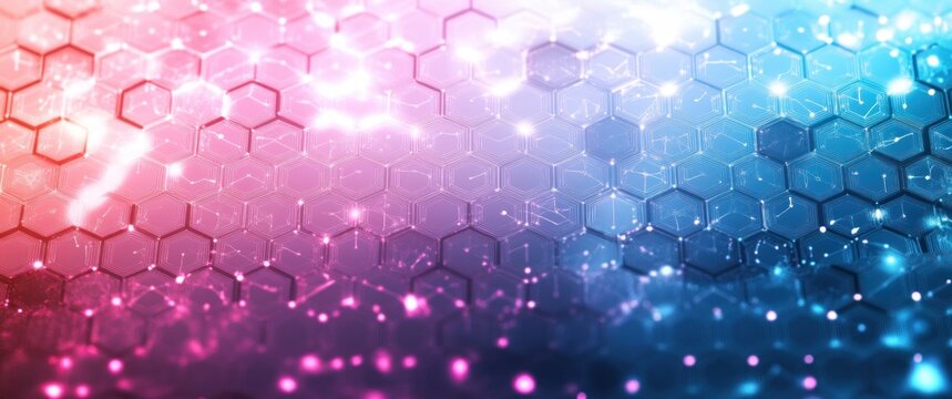 Abstract digital background with a pink to blue hexagonal grid, glowing particles and light trails, a futuristic energetic mood