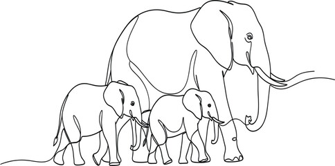 Elephant Family Continuous Line Drawing with Mother and Baby Elephants Walking Together, Wildlife Animal Illustration, Minimal One Line Art Style, and Vector Design © Nilota