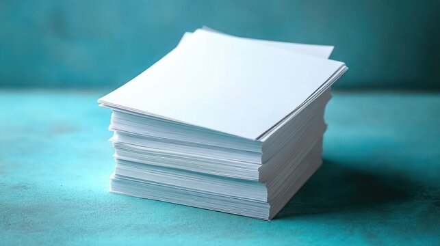 stack of blank white paper sheets on teal surface conveying calm, fresh potential and minimalist workspace