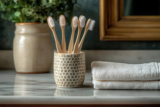 A leopard print ceramic cup holds bamboo toothbrushes on a marble bathroom counter beside folded white towels, a potted plant, and a framed mirror.