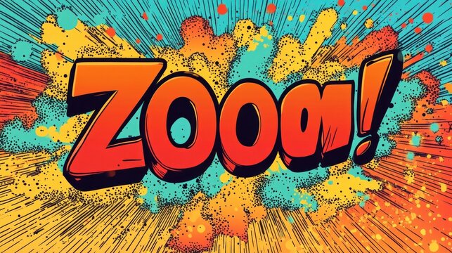bold 3d comic sound effect reading zooom with exclamation amid colorful explosive halftone clouds and radial speed lines conveying energetic motion and excitement