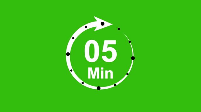 Abstract 5 minute timer symbol isolated on transparent background with alpha channel. 4k Animation timer icon. Clock, stopwatch, cooking time label , arrow.