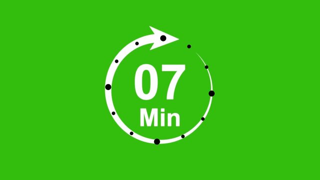 Abstract 7 minute timer symbol isolated on transparent background with alpha channel. 4k Animation timer icon. Clock, stopwatch, cooking time label , arrow.