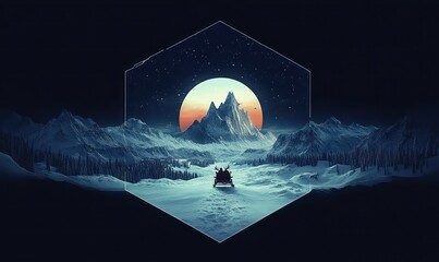 Naklejka premium lone sleigh with reindeer crossing a snow-covered valley toward a jagged mountain under a glowing oversized moon and starry sky framed by a geometric hexagon, serene and awe-filled