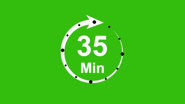 Abstract 35 minute timer symbol isolated on transparent background with alpha channel. 4k Animation timer icon. Clock, stopwatch, cooking time label , arrow.