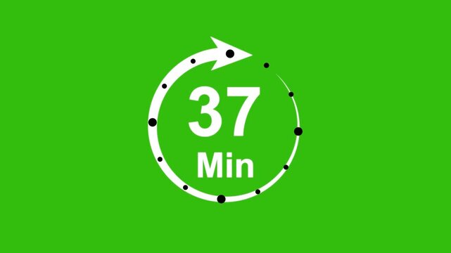 Abstract 37 minute timer symbol isolated on transparent background with alpha channel. 4k Animation timer icon. Clock, stopwatch, cooking time label , arrow.