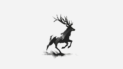 Obraz premium Dynamic black stag deer running with large antlers, expressive brushstroke illustration, powerful wildlife animal in motion art