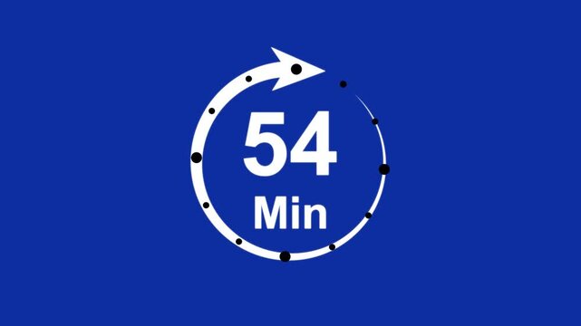 Abstract 54 minute timer symbol isolated on transparent background with alpha channel. 4k Animation timer icon. Clock, stopwatch, cooking time label , arrow.