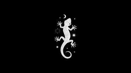 Naklejka premium Stylized white gecko or lizard silhouette with crescent moon and stars on a deep black background, nocturnal illustration