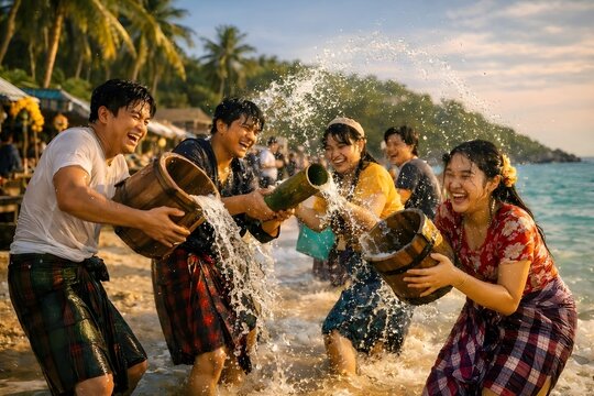 ​Happy Burmese youth splashing seawater at each other with wooden buckets during Thingyan Water Festival on a tropical beach at sunset.