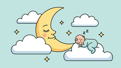 Fototapeta premium Cute Baby Sleeping on Cloud Vector, Smiling Moon and Stars in Night Sky Illustration, Sweet Dreams and Bedtime Lullaby Concept for Nursery Art, Flat Cartoon Design on Light Blue Background
