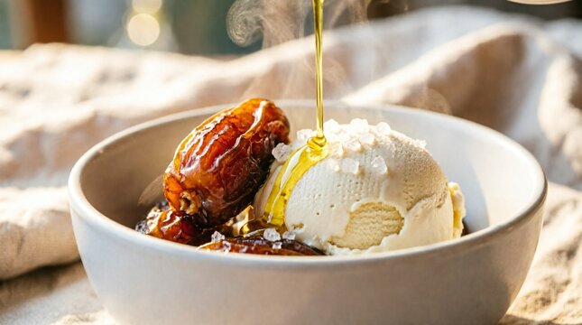 Gourmet dessert featuring caramelized grilled dates served with creamy vanilla ice cream, drizzled with golden extra virgin olive oil and finished with flaky sea salt crystals.