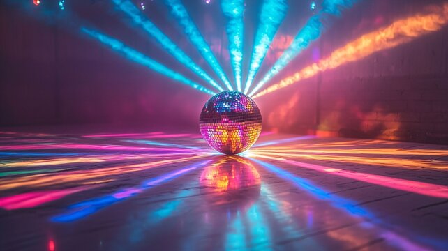 Colorful Disco Ball with Vibrant Light Rays in a Dark Room