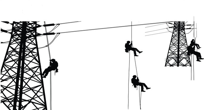 Silhouette of utility lineworkers performing maintenance on high voltage electric transmission towers, industrial power line repair work, black vector illustration.