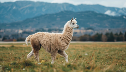 Fototapeta premium Llama walking pasture mountain field gentle natural animal woolly calm