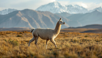 Fototapeta premium White llama walking across golden grassland with snowy mountains distance, serene natural scene