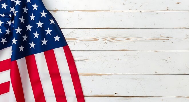 A high angle view of the american flag draped over a rustic white wooden table for a holiday theme