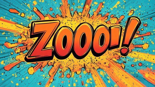 bold comic-style burst featuring large energetic ZOOO text with orange and yellow explosion on a turquoise background conveying excitement and dynamic motion