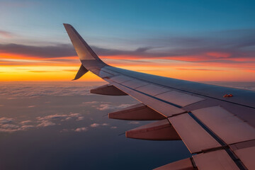 Obraz premium Airplane Wing View from Window Seat Flying Above Clouds at Colorful Sunset Sky