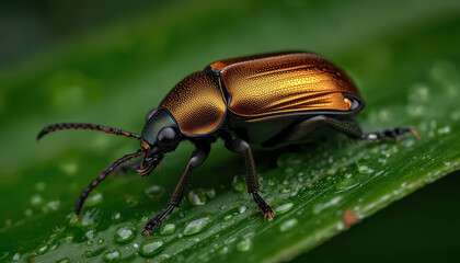 Fototapeta premium Metallic bronze beetle wet green leaf, close up macro showing reflective shell and delicate legs