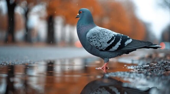 Grey pigeon stands by reflective puddle, image mirrored on water. Soft, warm autumn bokeh of trees and wet ground frames tranquil urban nature scene