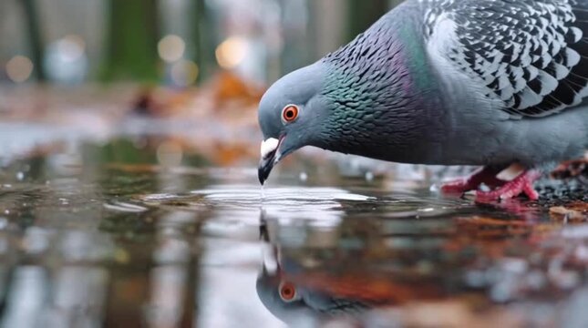 Close-up of a common city pigeon gracefully drinking fresh water from a reflective puddle on the ground after a rain shower, capturing its detailed feathers and curious eye in an urban setting