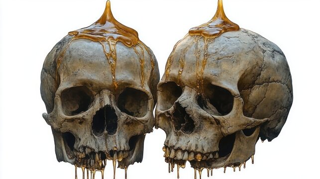 weathered human skull with golden viscous liquid dripping from top and teeth on stark white background, eerie macabre mood
