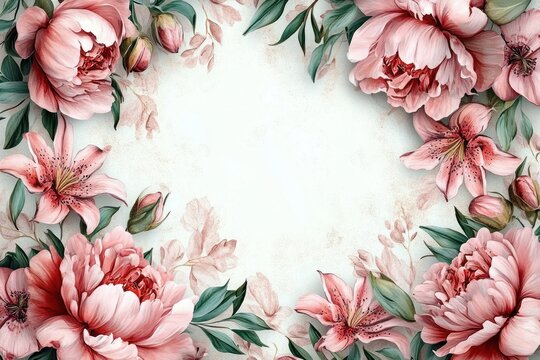 delicate pink peonies and lilies with green leaves framing a soft vintage paper center, romantic watercolor floral border