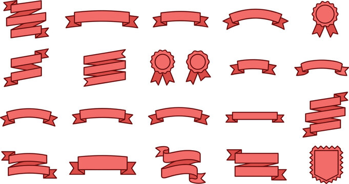 Ribbon banner icon set with folded strips, award ribbons, labels, and decorative badge elements for branding, certificates, packaging, announcements, and promotional designs
