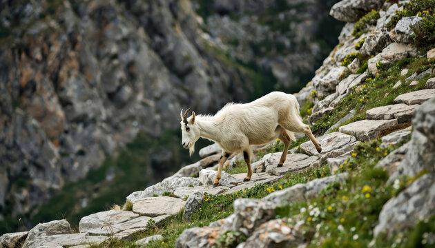 Mountain goat walking across stone path on alpine slope, surefooted and calm
